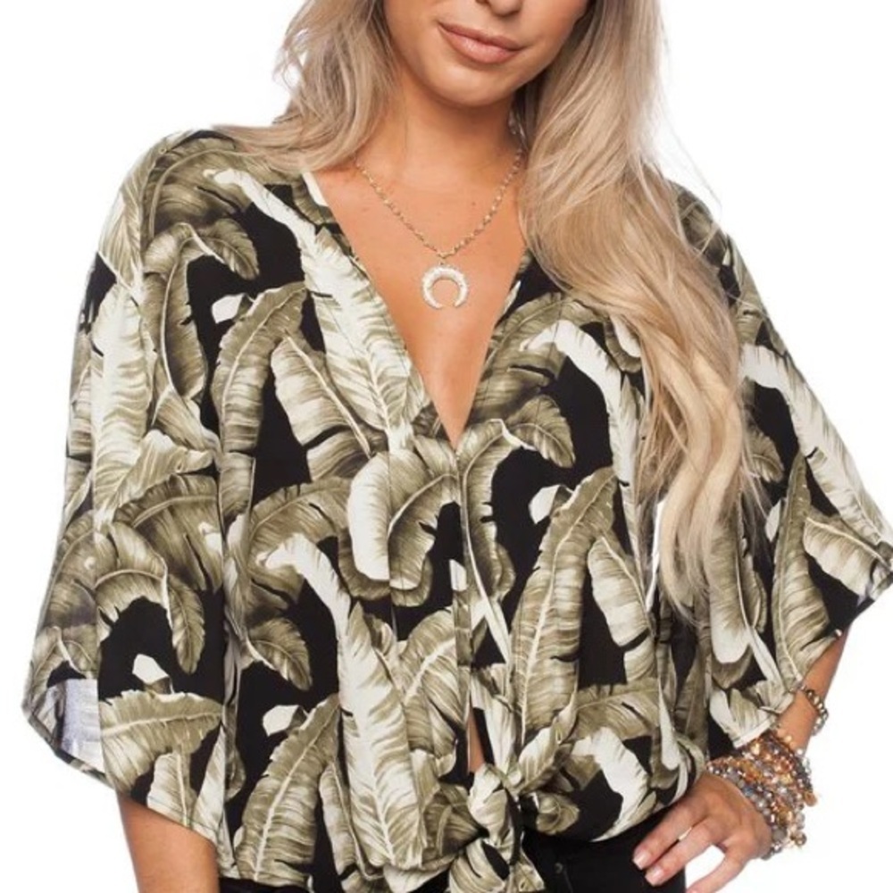 Buddy Love - Leaf Print Tie-Front Blouse (SMALL)